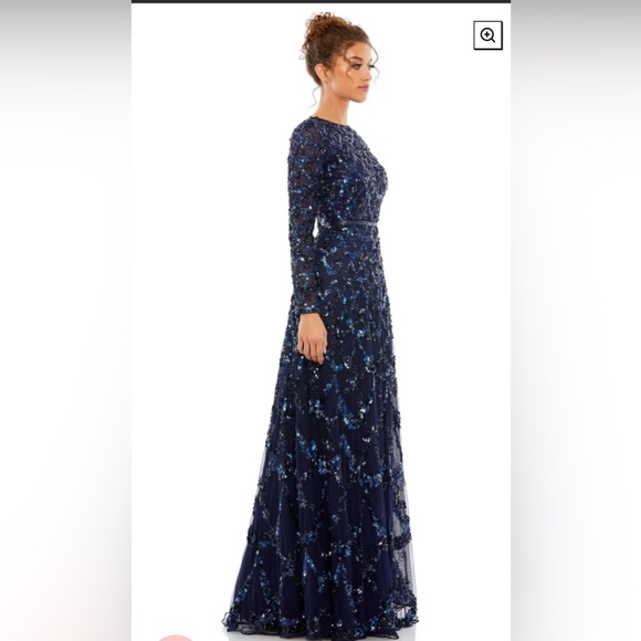 Lattice sequined illusion neckline long sleeve A-line gown - Picture 2 of 10